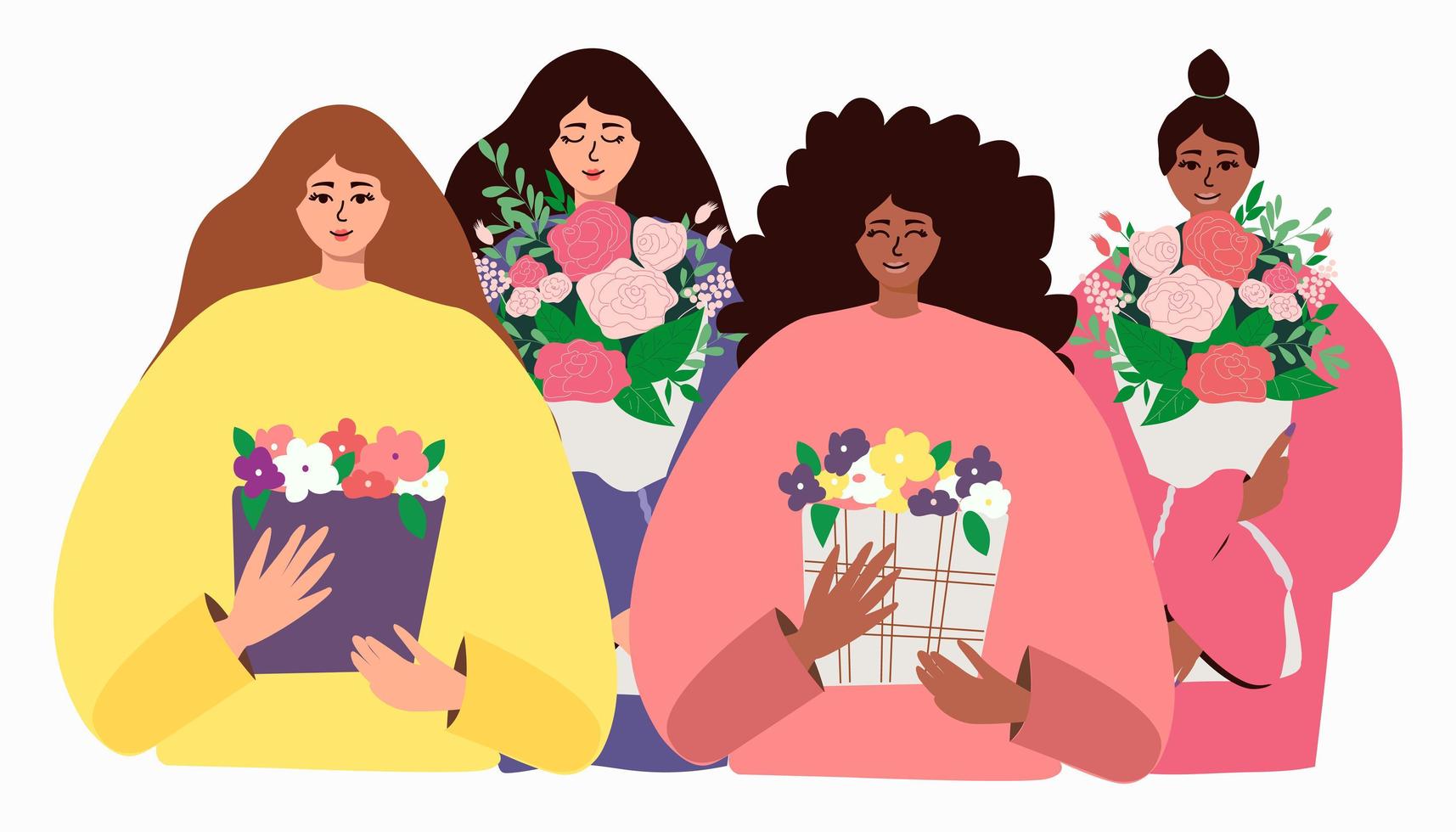 Internationaler Frauentag. vektorillustration mit frauen verschiedener nationalitäten und kulturen mit blumensträußen. Vektor-Illustration. vektor