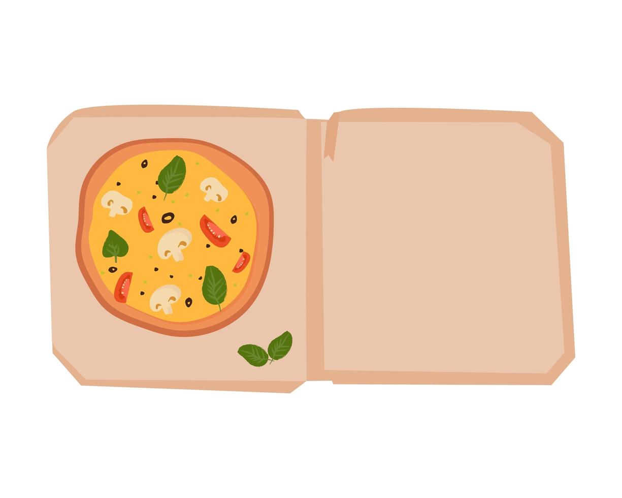 vektorillustration av en handritad vegetarisk pizza med ost, svamp, tomater och basilika i en låda på en vit bakgrund vektor