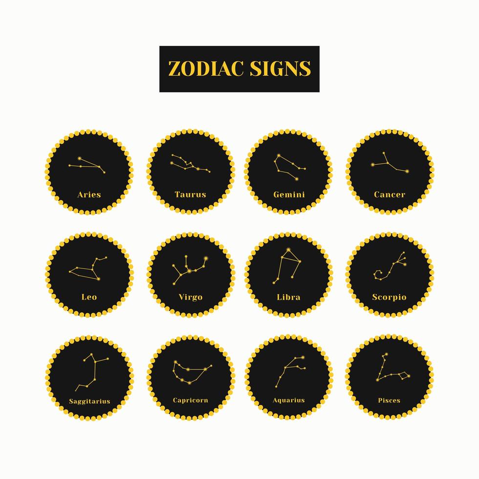 Sternzeichen. eine Reihe von schwarzen und goldenen Tierkreissymbolen, die auf einem weißen Hintergrund isoliert sind. Astrologische Symbole des Tierkreises. vedische Astrologie vektor