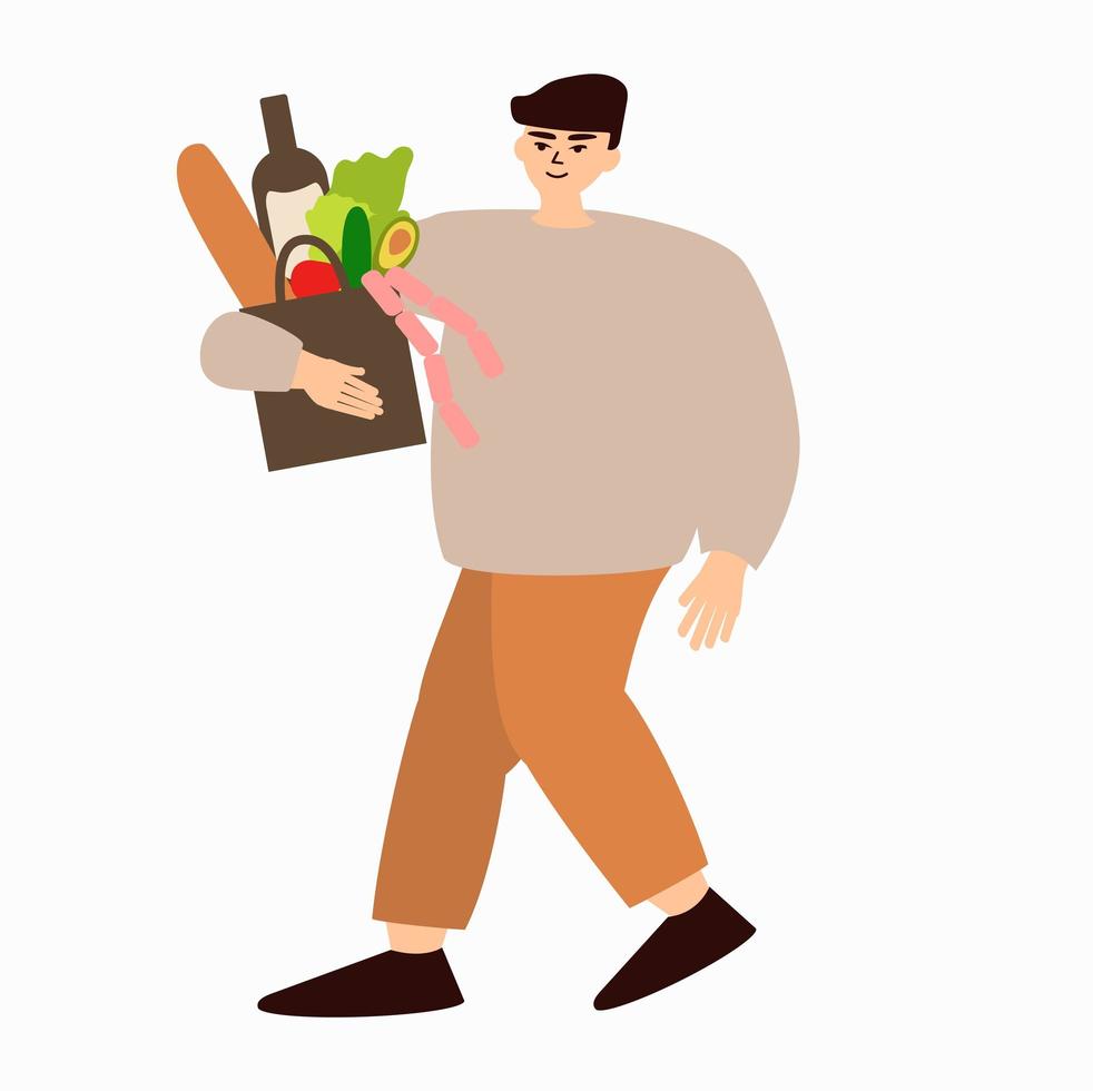 Mann im Lebensmittelgeschäft. Einkaufskonzept. junger mann der karikatur, der käufe tätigt. isolierter süßer mann, der taschen mit lebensmitteln trägt. Vektorfigur kauft Obst und Gemüse im Gemüseladen vektor