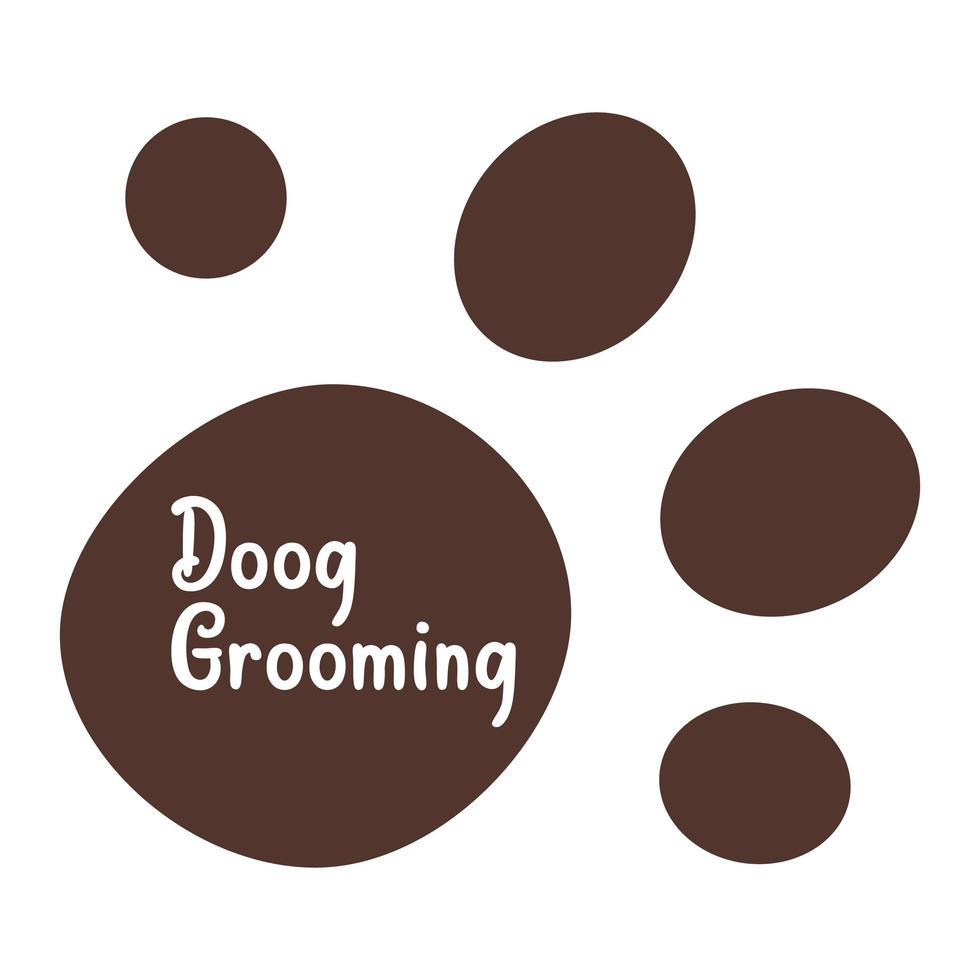 ett brunt hundspår med inskriptionen grooming dogs. ikonen markerad i vitt. platt vektor illustration. en ikon med ett spår av en katttass, ett steg. djuraffär, djurvård.