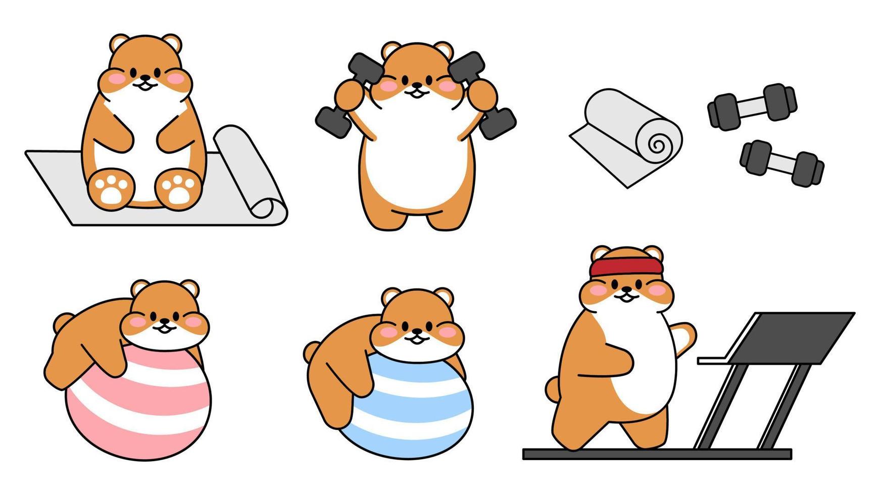 uppsättning av söta ritade hamstrar. kawaii hamster går in för sport. samling av avatarer maskotar rolig karaktär djur klistermärken isolerad på vit bakgrund. vektor stock illustration