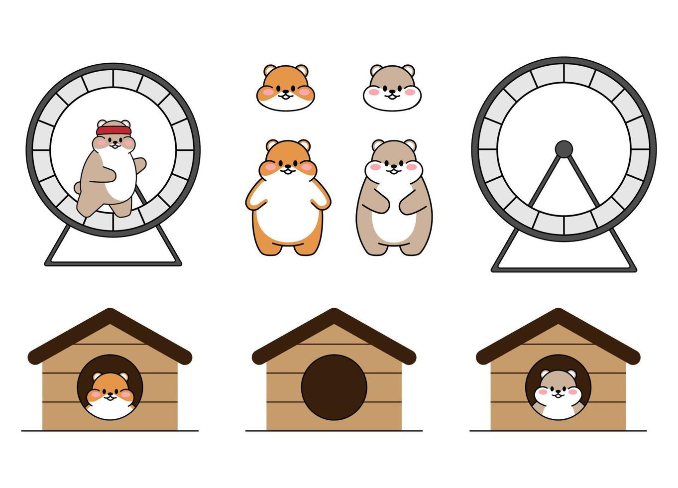 satz niedlich gezeichneter hamster. kawaii hamster läuft in einem rad und sitzt in häusern. sammlung von avataren maskottchen lustige charaktertieraufkleber lokalisiert auf weißem hintergrund. Vektorvorratillustration vektor