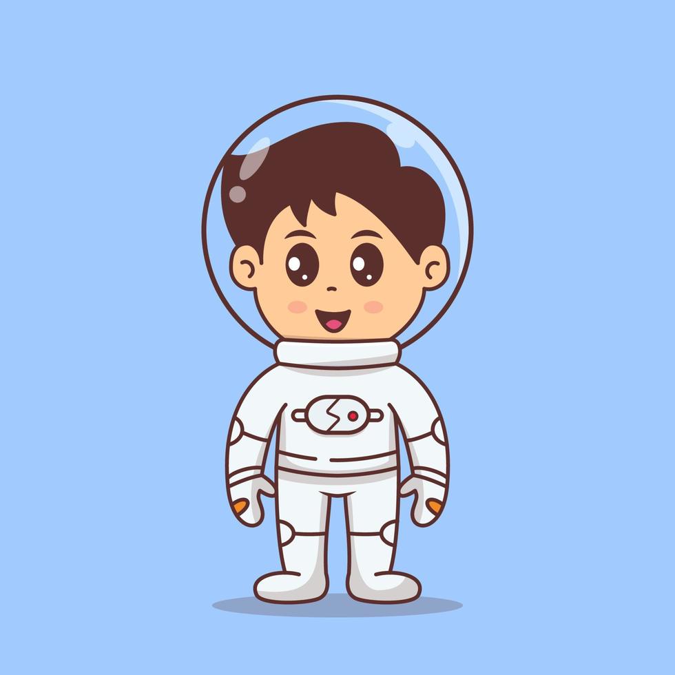 söt liten astronaut står och ler. rymdteknik vektor illustration