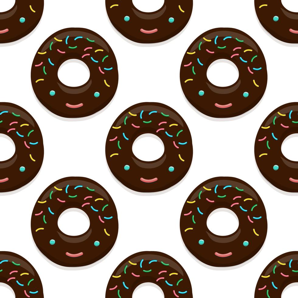 Vektor Musterdesign Illustration von Donuts in Schokoladenglasur im Kawaii-Stil auf weißem Hintergrund.