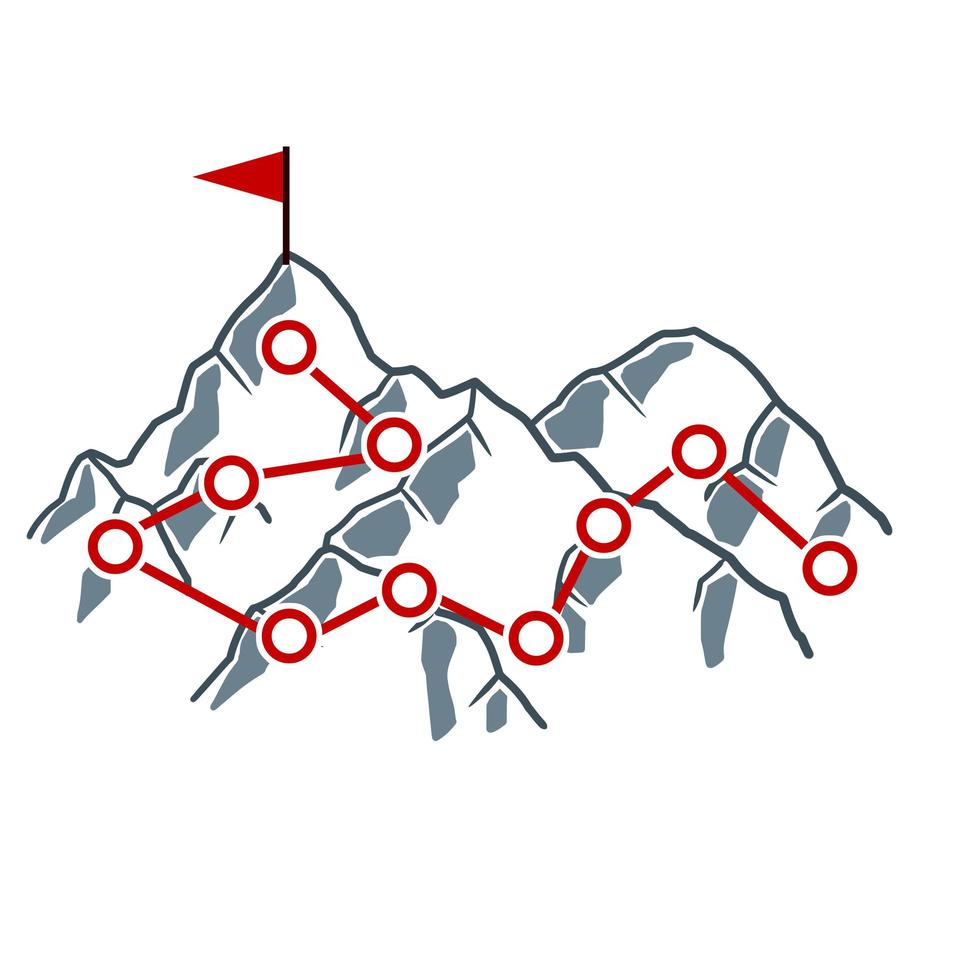 klättra berg med röd flagga. punkter och etapper av rutten. vektor
