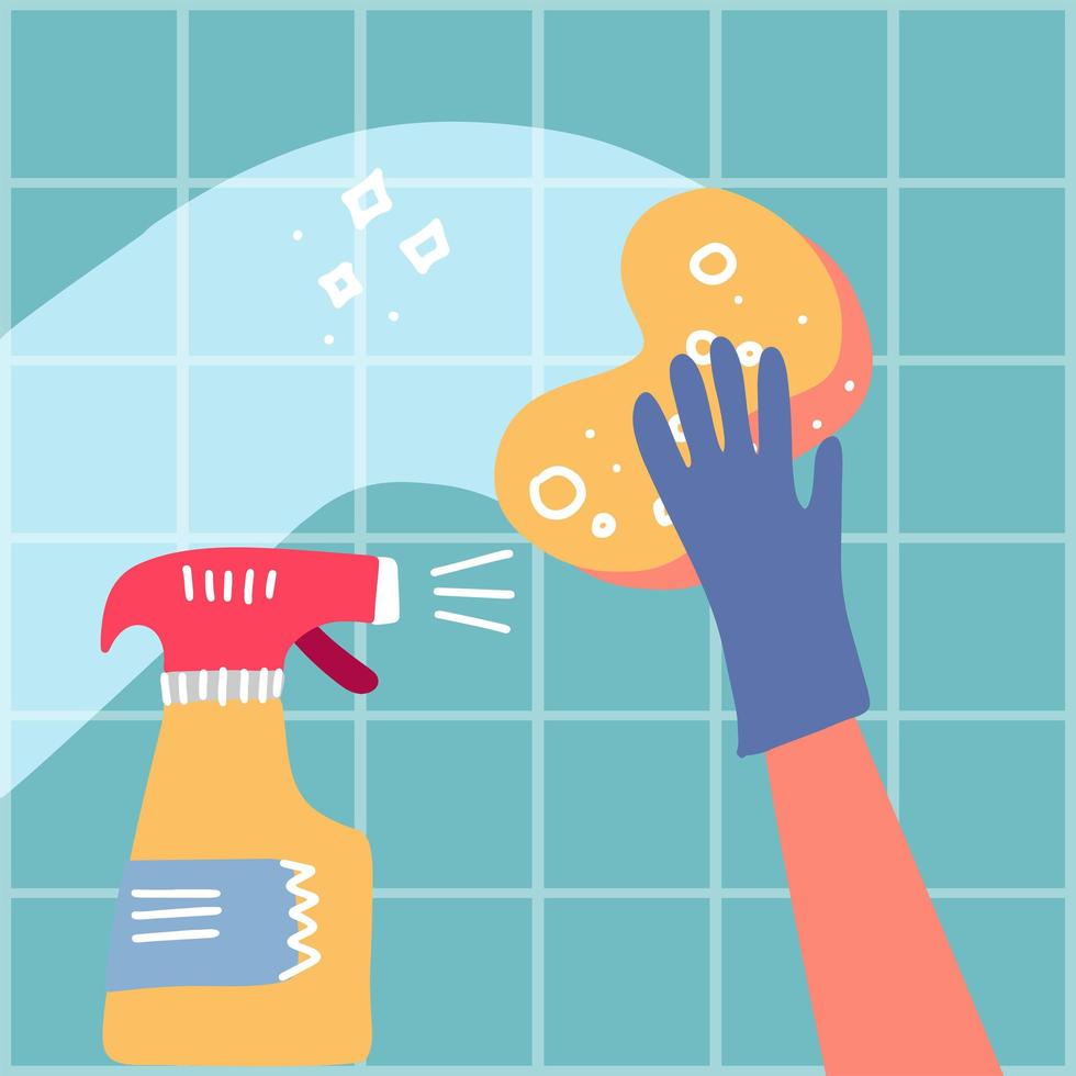 svamptvättvägg i badrum eller kök. städtjänst. tvättsvamp. köksutrustning. köks- och badrumstillbehör för rengöringsverktyg. vektor illustration i platt stil