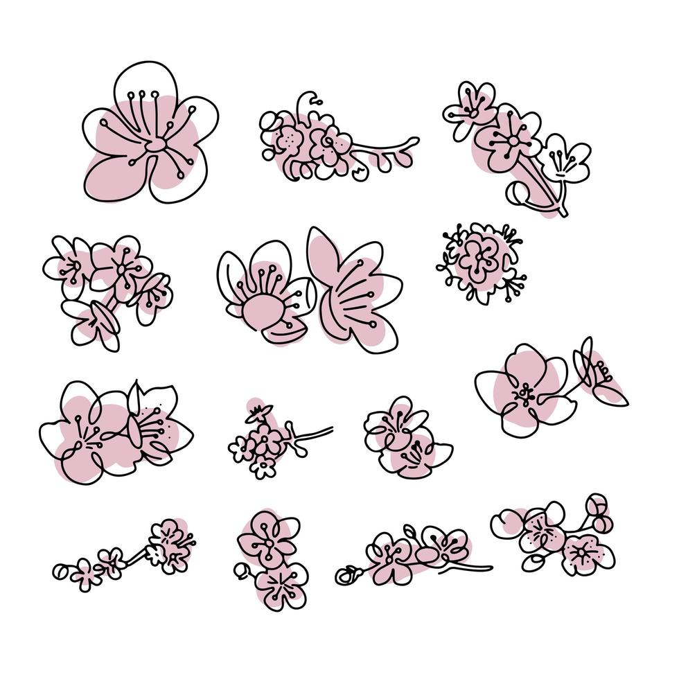 japanische Sakura-Knospen-Set. kirschblütenblumen in einem einzeiligen kunststil. Schwarz-Weiß-Doodle mit abstrakten rosa Formen. Sammlung von Federelementen. vektor