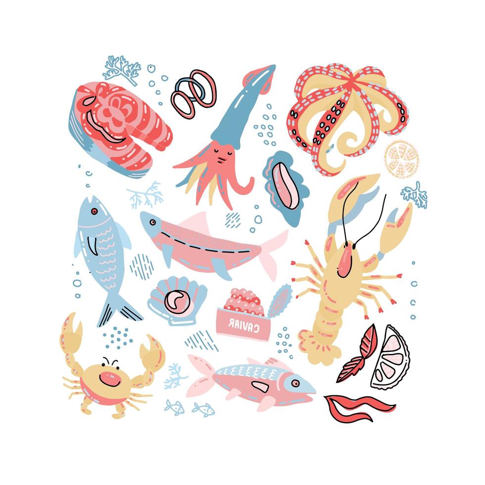 Meeresfrüchte handgezeichnete Doodle-Illusion im skandinavischen Stil mit Fisch, Krabben, Hummer, Kaviar, Lachssteak und Auster. Vektor-Meeresbewohner-Sammlung in groben, einfachen Farben im kindlichen Stil vektor