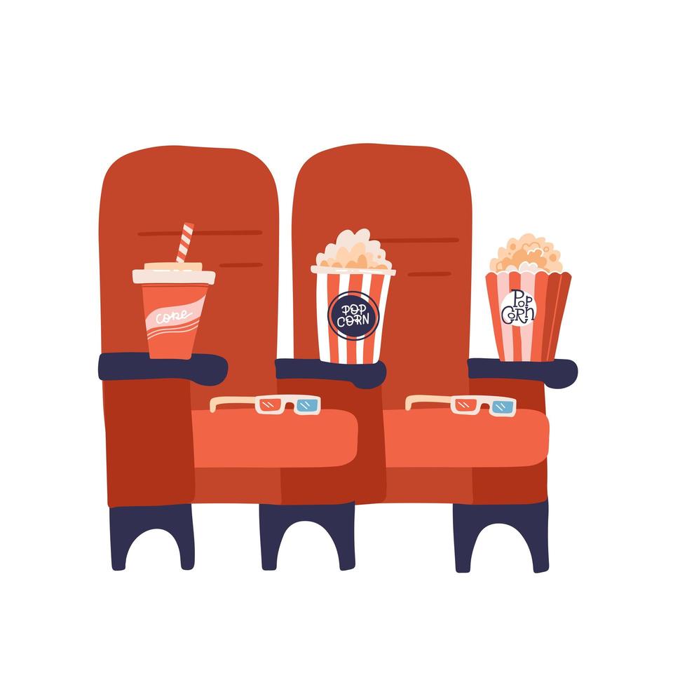 två röda biostolar med popcorndrinkar och glas. vektor platt handritad illustration.