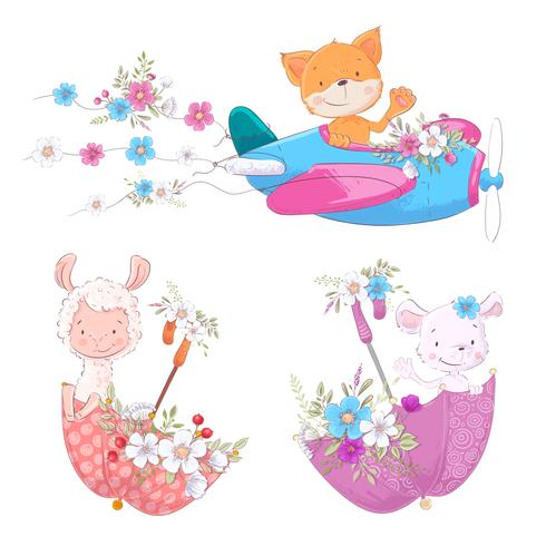 Ställ söta tecknade djur räv Lama och mus på planet och paraplyer med blommor barn clipart. vektor