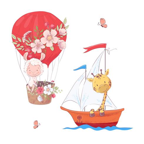 Stellen Sie netten Lama-Ballon und Giraffe der Karikatur auf Segelbootkinder clipart ein. vektor