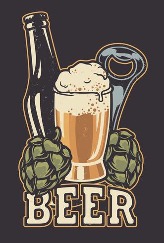 Vektor illustration med en flaska öl och humle kottar.