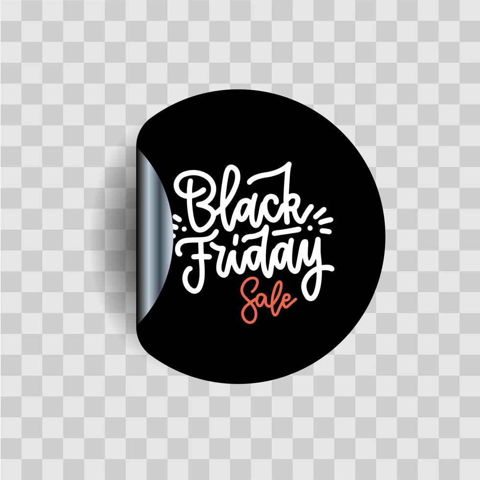 svart fredag kalligrafi bokstäver på svart klistermärke. vektor illustration print för butik och marknadsevenemang, webb, applikation, försäljning. cool handritad etikett med transparent skugga.