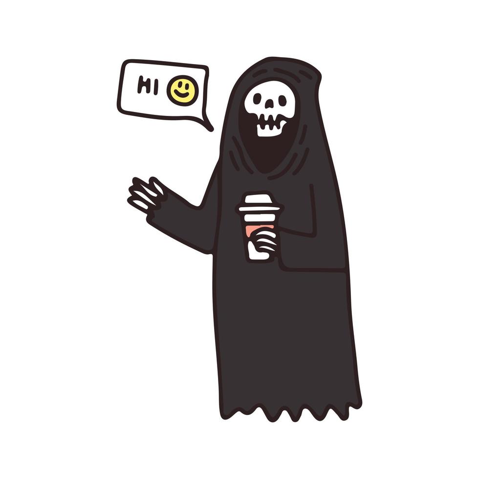 grim reaper skalle håller en kopp kaffe och säg hej, illustration för t-shirt, klistermärke eller klädesplagg. med doodle, mjuk pop och tecknad stil. vektor