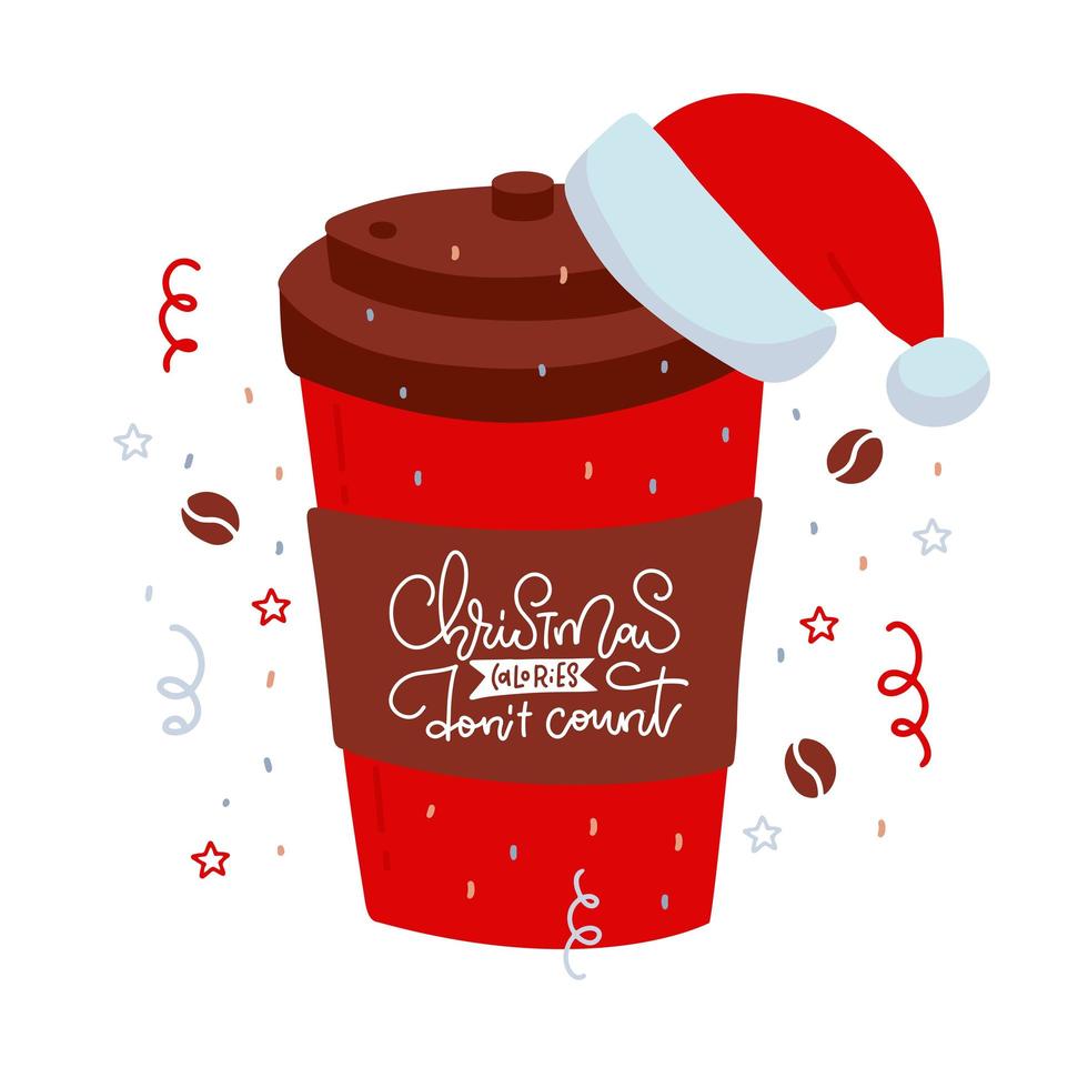 weihnachtskaffee-pappbecher mit weihnachtsmütze und beschriftungstext über feiertagshintergrund. isoliertes Dekorationselement. flache vektorillustration. frohes neues jahr grußkartendesign. vektor