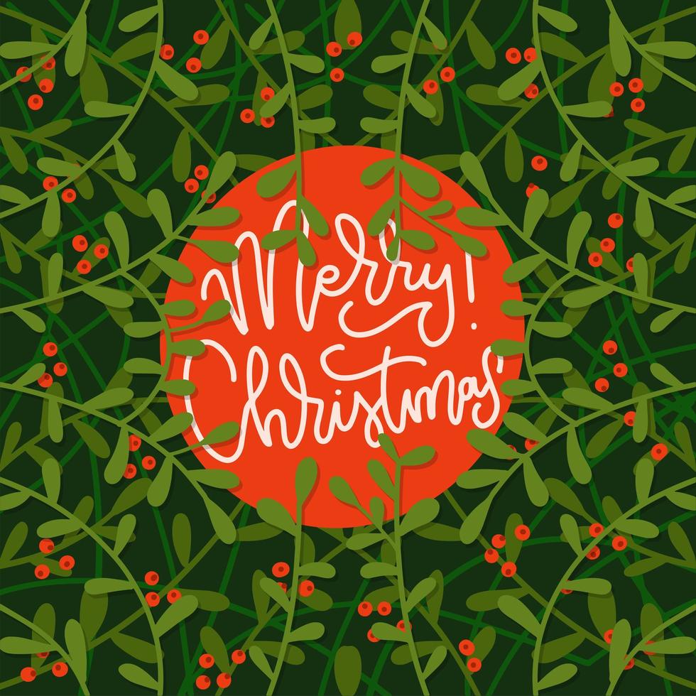 semesterram med bokstäver hälsningstext - god jul. platt vektorillustration med grenar och röda bär, vinterlöv och växter. vektor