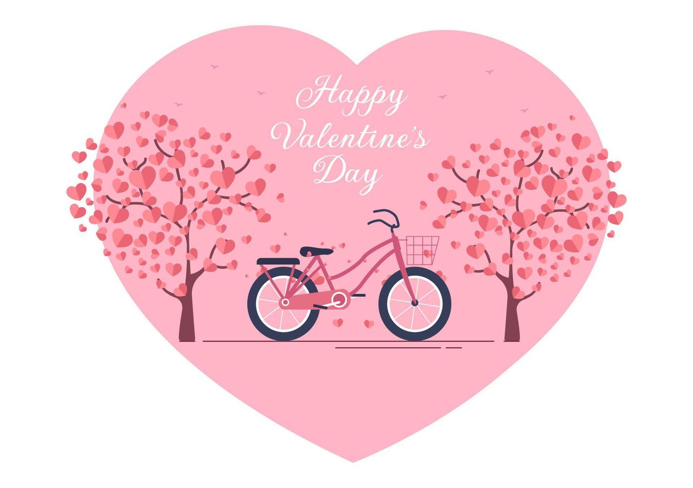 flache Designillustration des glücklichen Valentinstags, die am 17. Februar mit Fahrrad und Geschenk für Liebesgrußkarte gedacht wird vektor