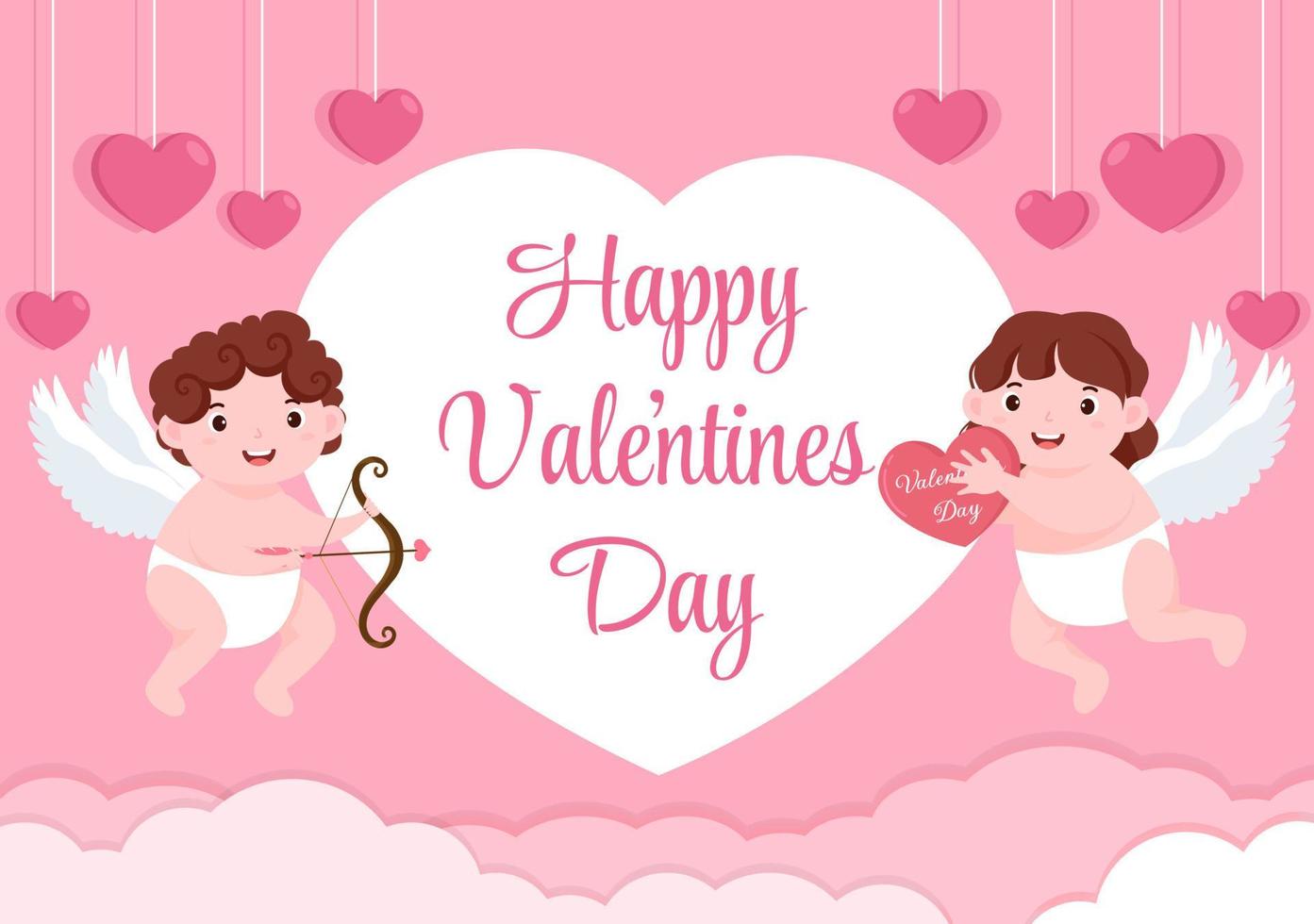 flache Designillustration des glücklichen Valentinstags, die am 17. Februar mit nettem Amor, Engeln auf Wolken für Liebesgrußkarte gedacht wird vektor