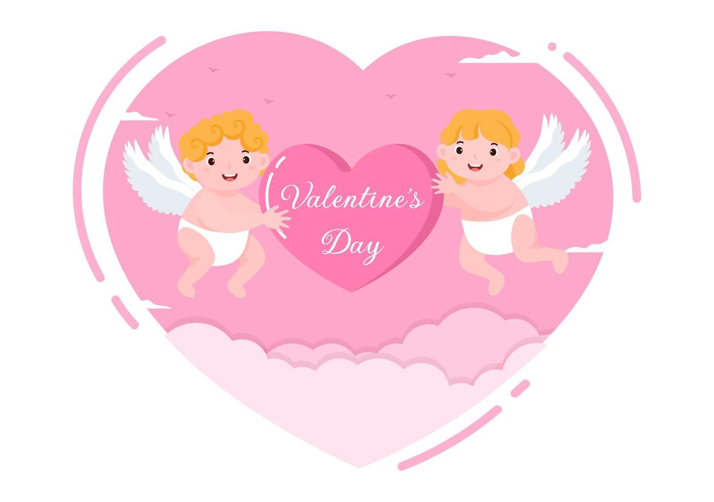 glad alla hjärtans dag platt designillustration som firas den 17 februari med söt cupid, änglar på moln för kärlek gratulationskort vektor