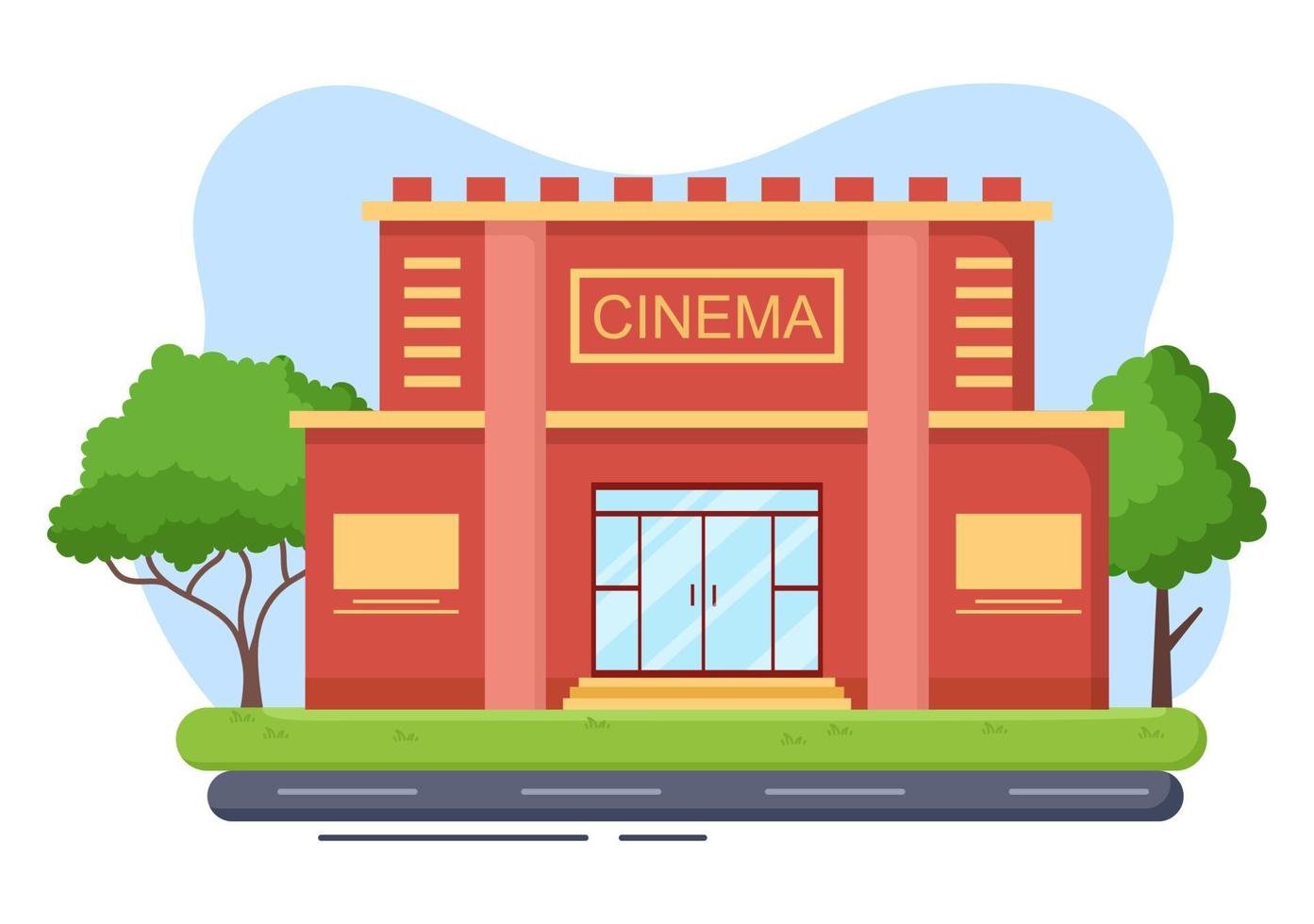 kinogebäude oder kino für moderne unterhaltungsindustrie, entspannung, film ansehen und zeigen in flacher hintergrundillustration vektor