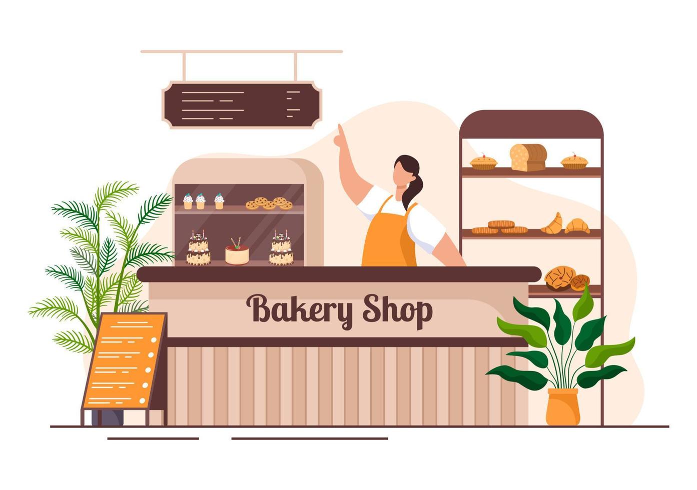 Bäckereigebäude, das verschiedene Brotsorten wie Weißbrot, Gebäck und andere verkauft, die alle in flachem Hintergrund zur Posterillustration gebacken werden vektor