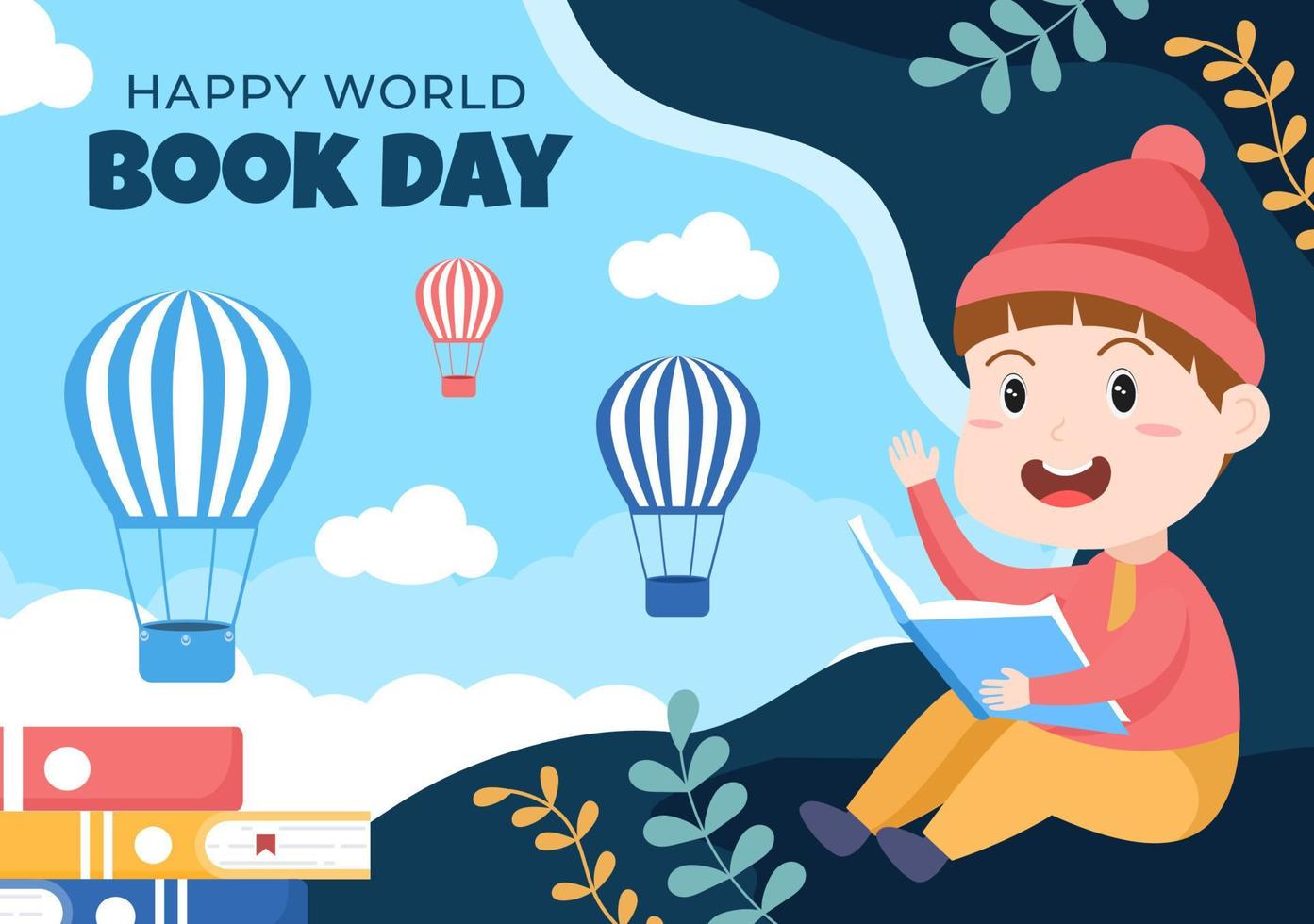 World Book Day platt tecknad bakgrundsillustration med barn. trave böcker att läsa, öka insikten och kunskapen lämplig för tapeter eller affisch vektor
