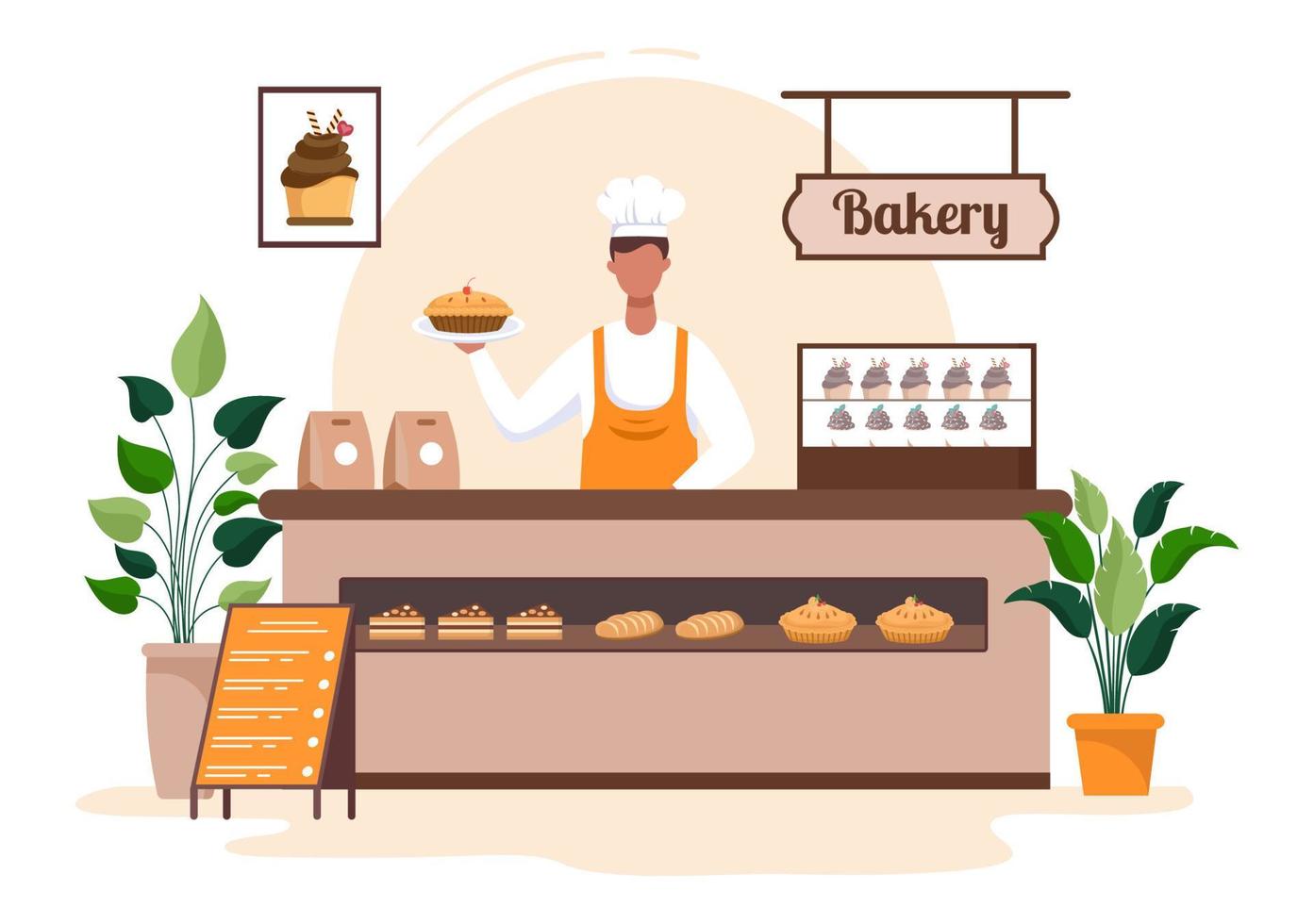 Bäckereigebäude, das verschiedene Brotsorten wie Weißbrot, Gebäck und andere verkauft, die alle in flachem Hintergrund zur Posterillustration gebacken werden vektor