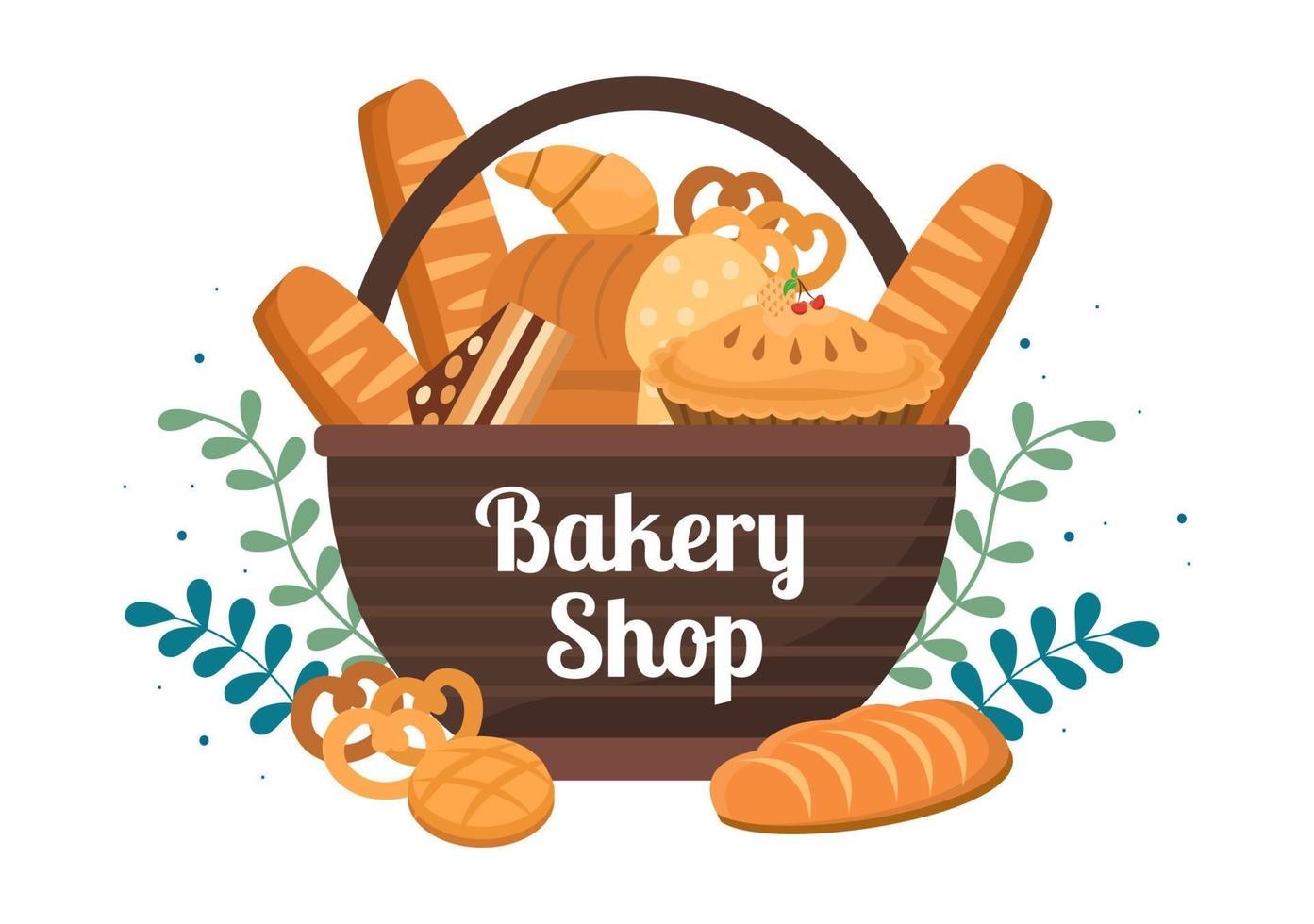 Bäckerei, die verschiedene Brotsorten wie Weißbrot, Gebäck und andere verkauft, die alle in flachem Hintergrund zur Posterillustration gebacken werden vektor