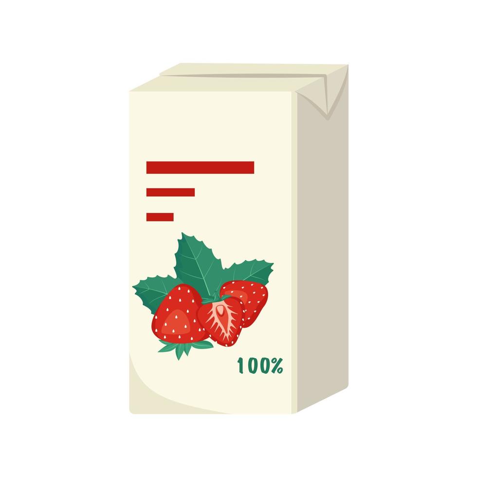 förpackning med röd jordgubbsjuice eller dryck. söt läcker mat och dryck. platt vektor illustration