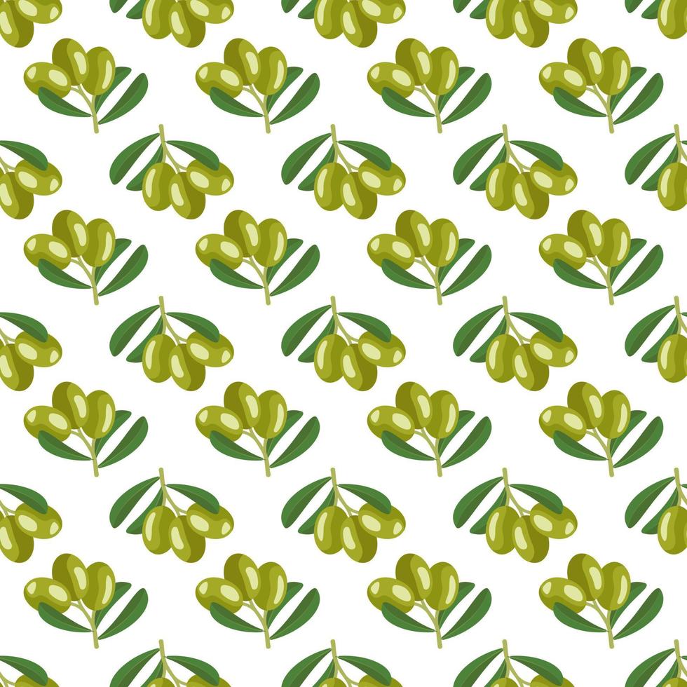 seamless mönster med gren av gröna oliver med frukt och löv. grekisk traditionell mat tryck på vit bakgrund. platt vektor illustration