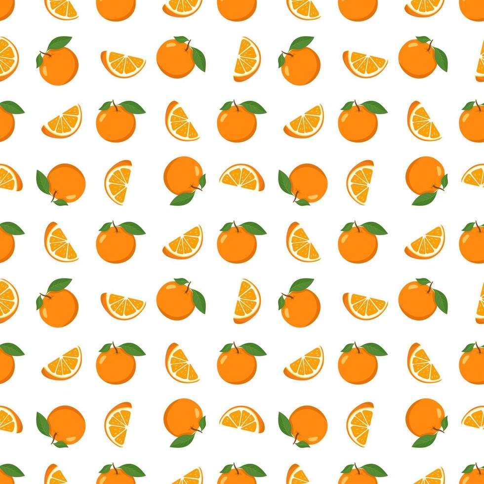 nahtloses helles Frühlings- und Sommermuster mit Orangen und Scheiben auf weißem Hintergrund. eine Reihe von Zitrusfrüchten für einen gesunden Lebensstil. flache Vektorgrafik von gesundem Essen vektor