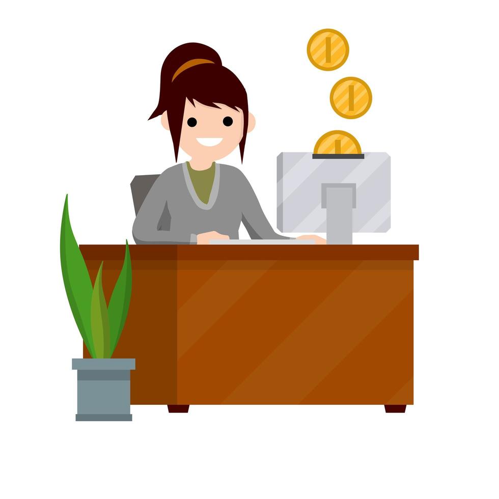Frau sitzt mit Computer am Tisch. Online-Einkommen und Gehalt. vektor