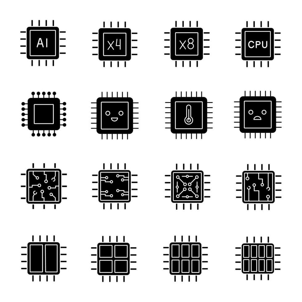 Glyphensymbole für Prozessoren festgelegt. Mehrkernprozessoren. Chips, Mikrochips, Chipsätze. Zentralprozessor. Zentraleinheiten. integrierte Schaltkreise. Silhouettensymbole. vektor isolierte illustration