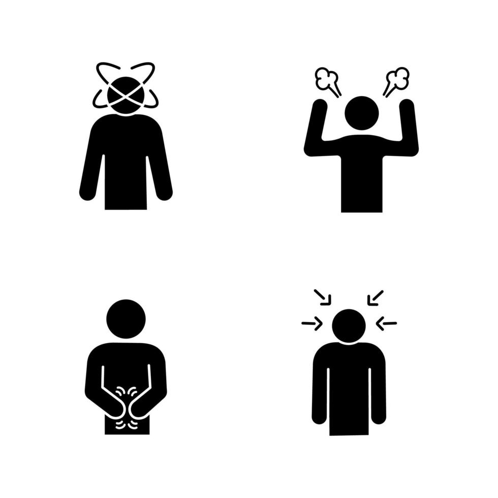 Glyphensymbole für emotionalen Stress gesetzt. Schwindel, Wut, Verdauungsstörungen, nervöse Anspannung. Silhouettensymbole. vektor isolierte illustration