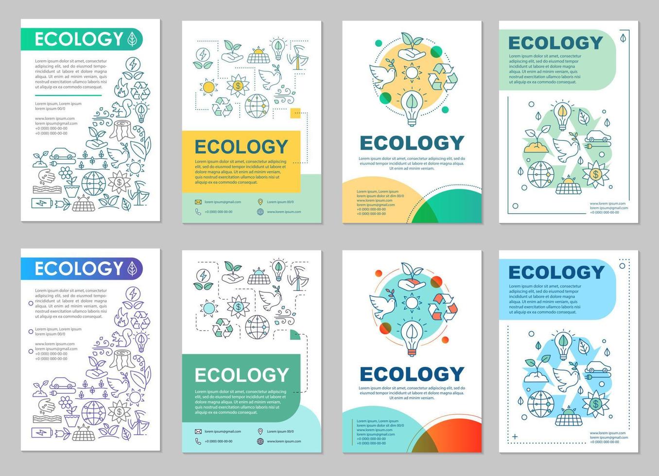 Ökologie-Broschüre-Layout. Umweltschutz. Flyer, Broschüre, Broschürendruckdesign mit linearen Illustrationen. Planeten retten. Vektorseitenlayouts für Zeitschriften, Geschäftsberichte, Werbeplakate vektor