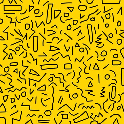 Hand rita svart geometriska memphis mönster 80&#39;s-90s stilar på gul bakgrund. vektor