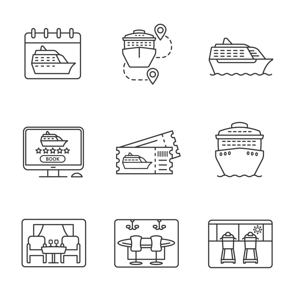 Kreuzfahrt lineare Symbole gesetzt. Sommerreise. Kreuzfahrtschiffe, Ausflugsrouten, Laufbänder, Ausflugstickets, Online-Buchung. dünne Linienkontursymbole. isolierte vektorumrissillustrationen. editierbarer Strich vektor