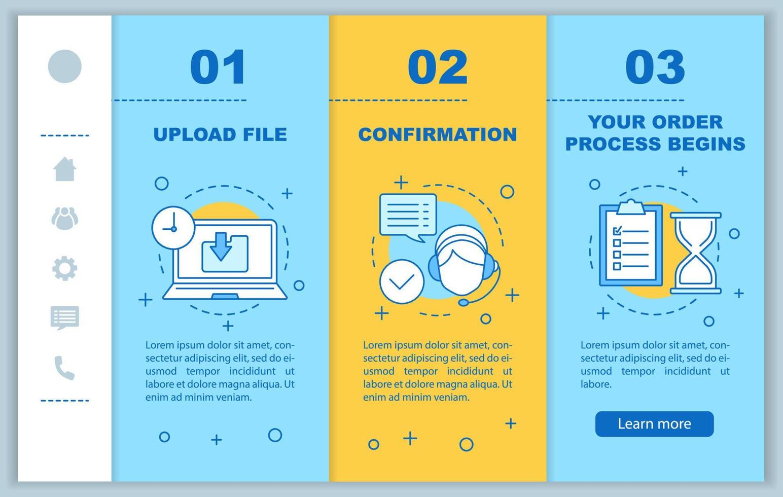 Kundensupport beim Onboarding mobiler Webseiten Vektorvorlage. Datei hochladen, Bestätigung, Auftragsabwicklung. digitaler Dienst. Responsive Smartphone-Website-Oberfläche. Webseiten-Walkthrough-Schrittbildschirme vektor