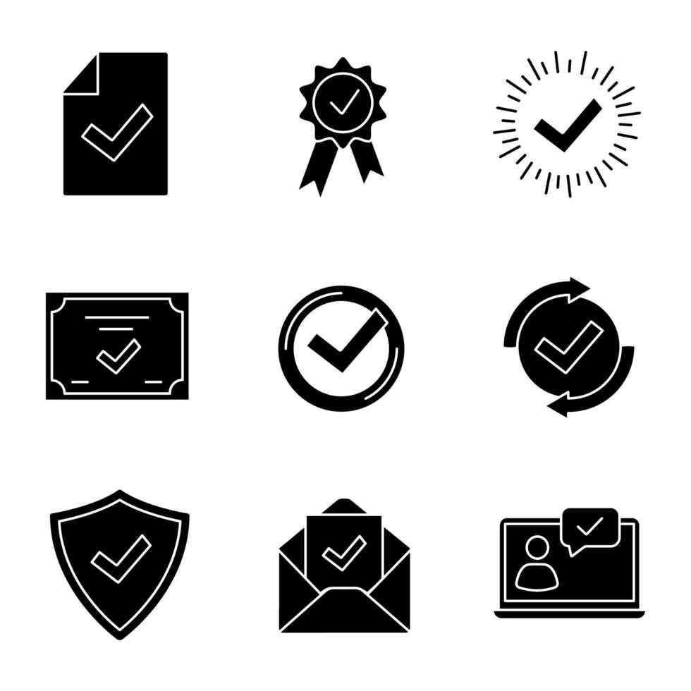godkänn glyph ikoner set. dokumentbekräftelse, prismedalj, bock, certifikat, kvalitetsmärke, testning, säkerhetsgodkänd, e-postbekräftelse, chatbot. vektor isolerade illustration