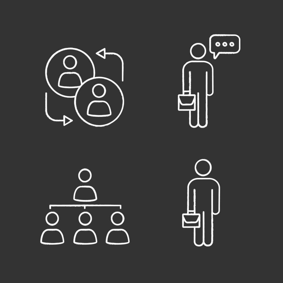 Business-Management-Kreide-Icons gesetzt. Partnerschaft, Unternehmerdenken, berufliche Hierarchie, Manager. isolierte vektortafelillustrationen vektor