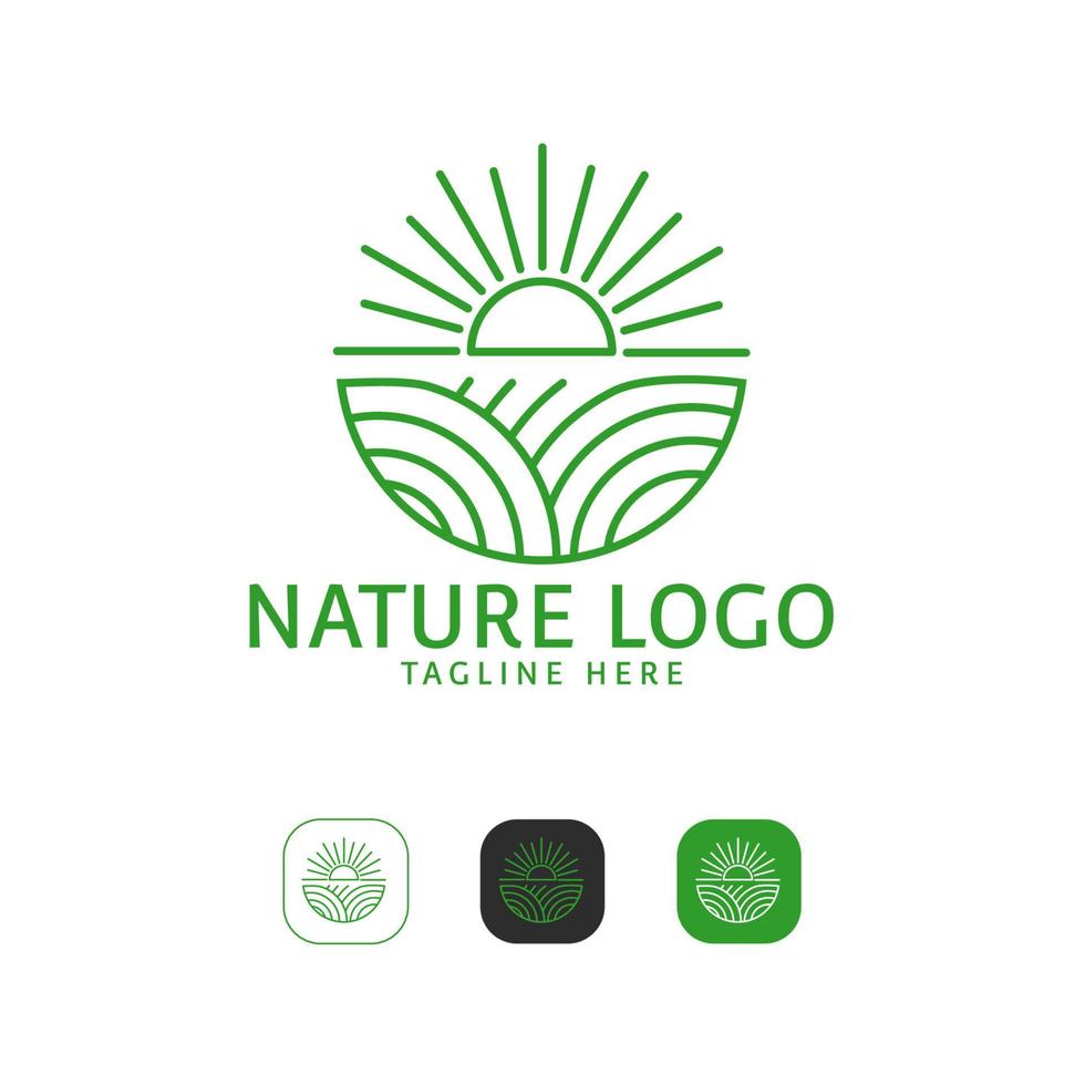 sunrise sunset logotyp mall med sol och gräs grön och orange trädgård för gård och natur vektor