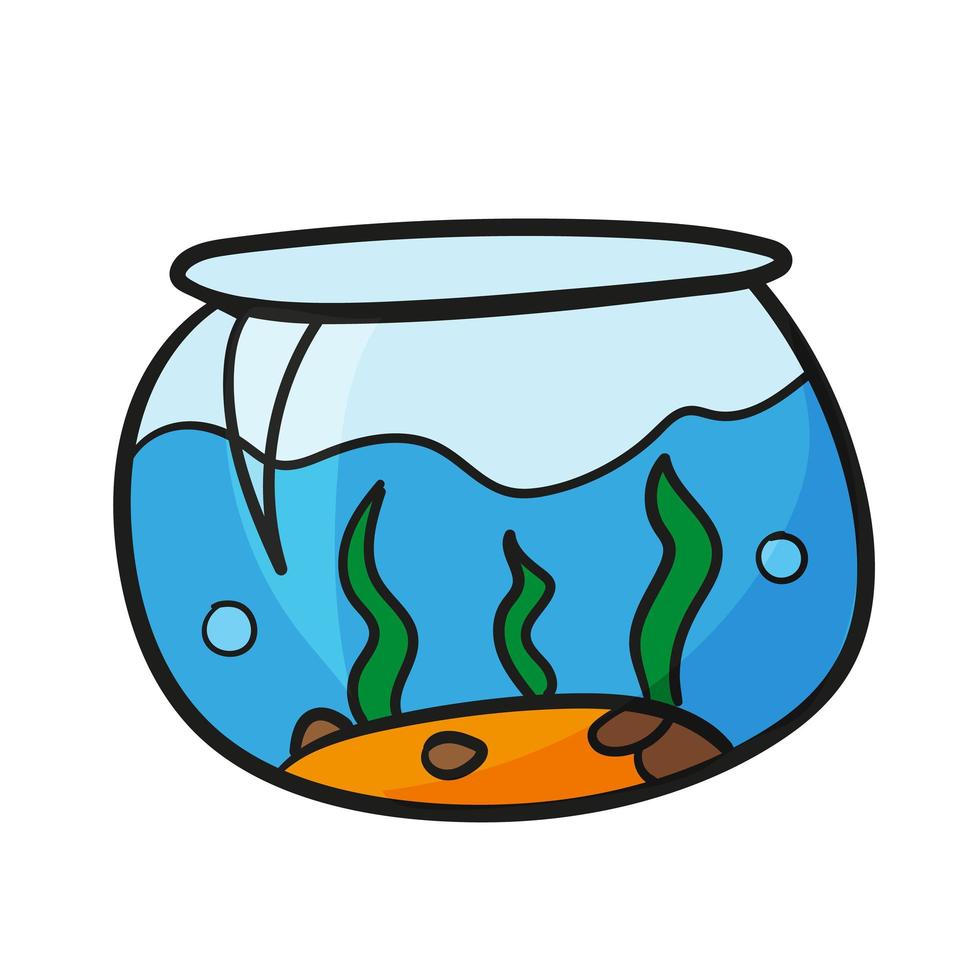 Aquarium-Glasschale mit Wasser im Cartoon-Stil. vektor handgezeichnete illustration