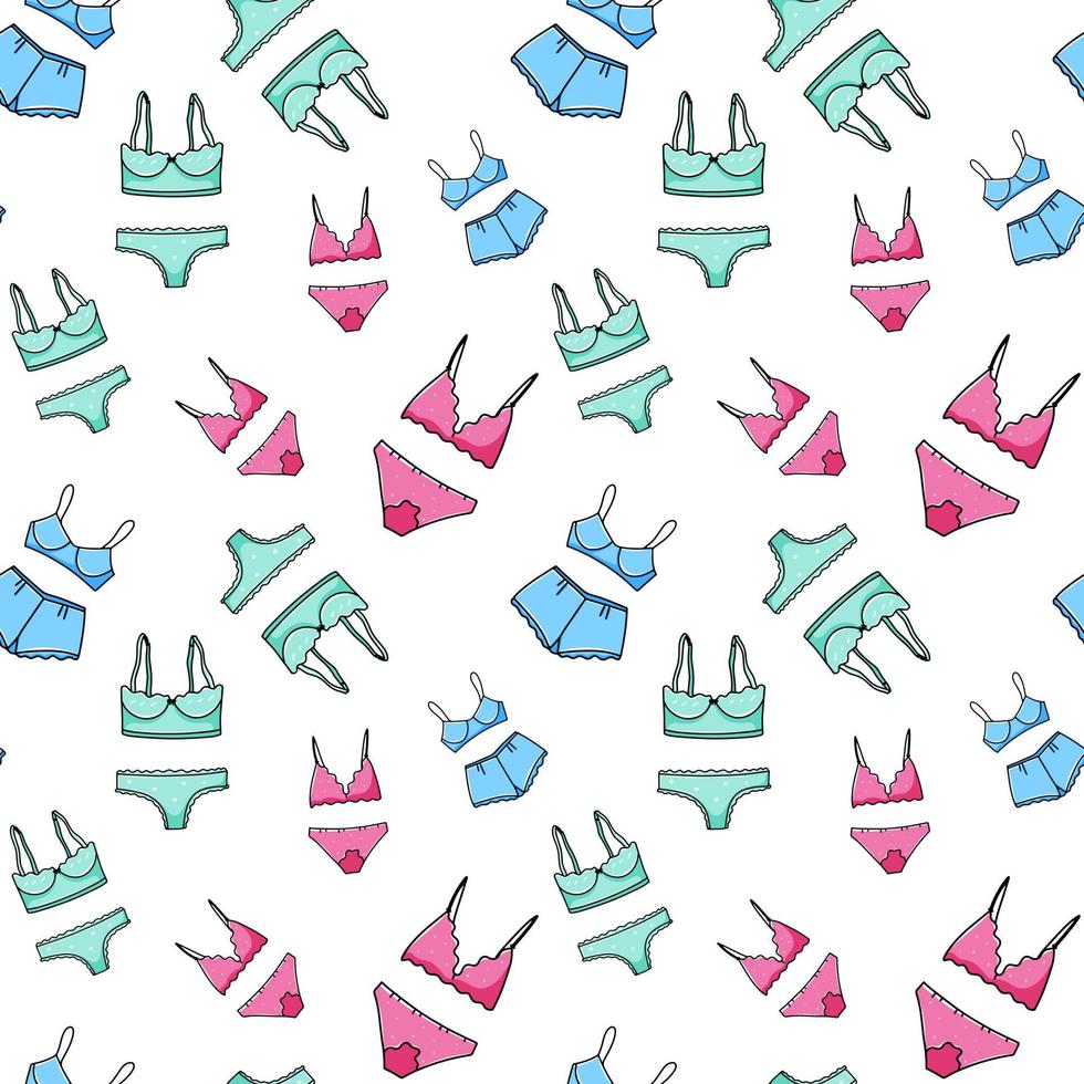 Nahtloses Muster mit Damenunterwäsche. Nachtwäsche, Langerie, handgezeichnete Vektorillustration im Doodle-Stil. vektor