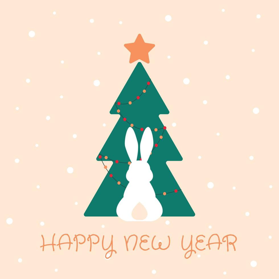 frohes neues jahr grußkarte, plakat, mit niedlicher, süßer häschensilhouette auf weihnachtsbaumhintergrund vektor