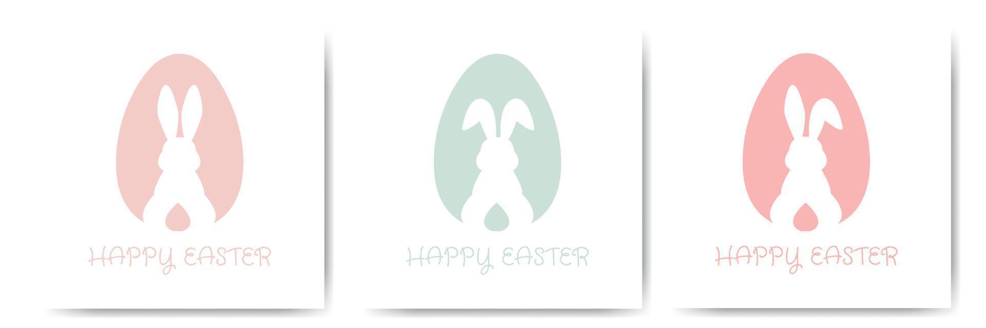 ställ glad påskkort med ägg och kanin siluett i pastellfärger. söta gratulationskort eller affisch. vektorillustration i platt minimalistisk stil. vektor