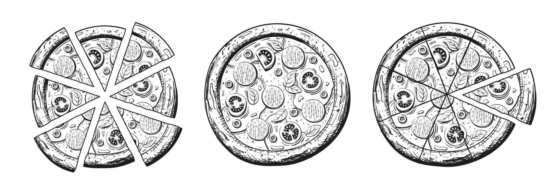 uppsättning av italiensk pizza skiss isolerad på vit bakgrund vektor