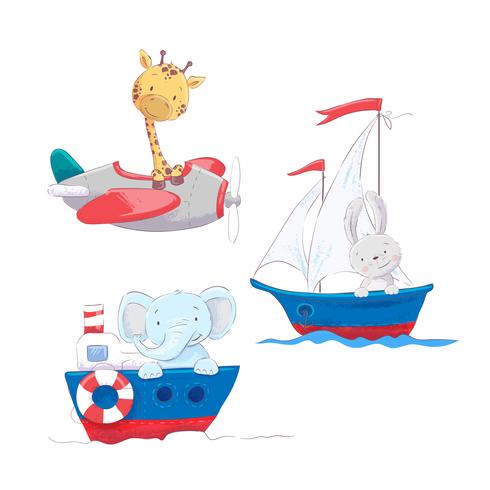 Satz nette Karikaturtiergiraffenhasen und -elefanten auf einem See- und Lufttransport, einem Segelbootflugzeug und einem Dampfschiff für die Illustration eines Kindes. vektor