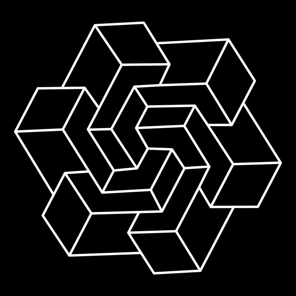 unmögliche Formen. heilige Geometrie. optische Täuschung. abstrakte ewige geometrische objekte. unmögliches endloses Umrissdreieck. Op-Art. unmögliches Geometriesymbol auf schwarzem Hintergrund. Strichzeichnungen. vektor