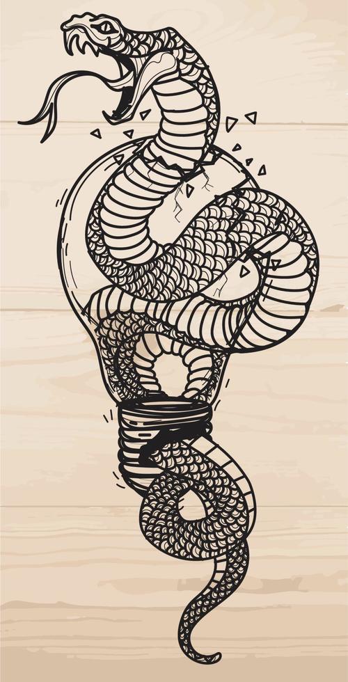 tatuering konst trasig glödlampa och orm ritning skiss svart och vitt vektor